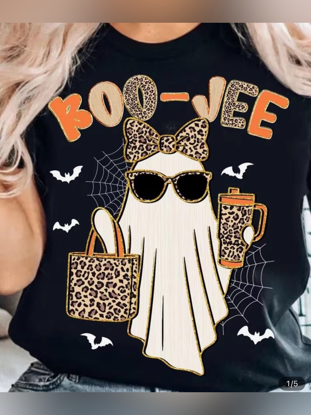 Womenβs Black Halloween 'Boo-Je' Graphic Tee with Leopard Accent